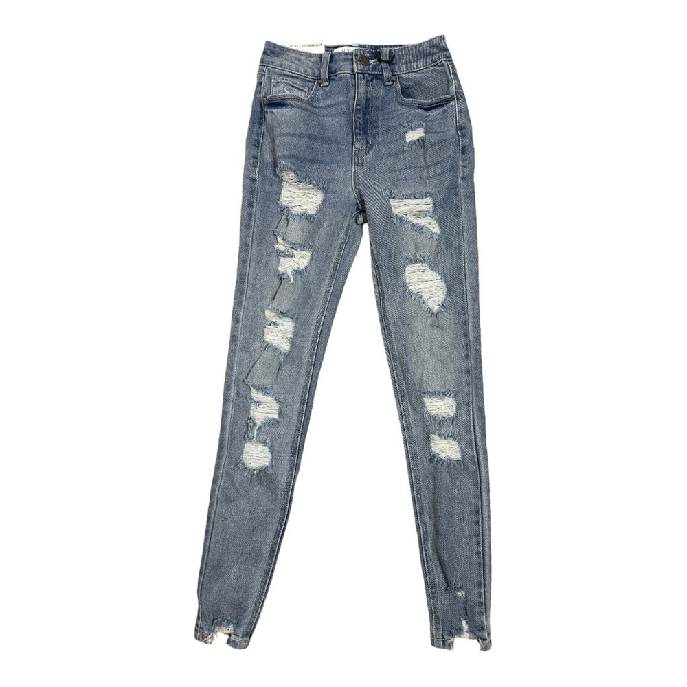 Tinsletown Juniors' Destructed Mom Jeans Size 1 Light Wash AE108